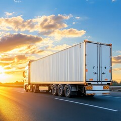 White Semi-Truck on Highway at Sunset