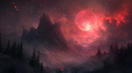 Crimson Night: Enigmatic Mountains Under a Blood Moon
