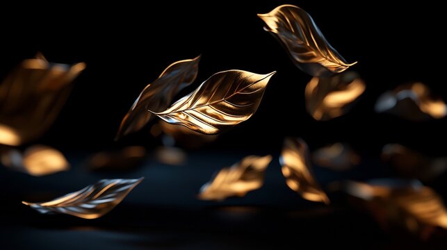 Abstract Golden Leaf Fragments Floating in Dark Background with Dramatic Lighting - Powered by Adobe