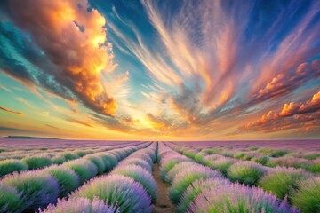 Obraz premium A Serene Sunset Over a Lavender Field, Painted with Vivid Hues of Orange and Purple, Creates a Breathtaking Panorama