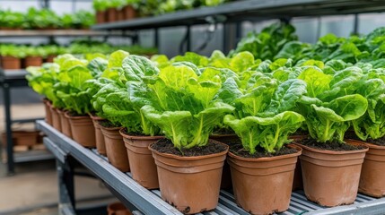 Fresh Green Lettuce Growing in Pots at Indoor Hydroponic Farm with Lush Green Foliage