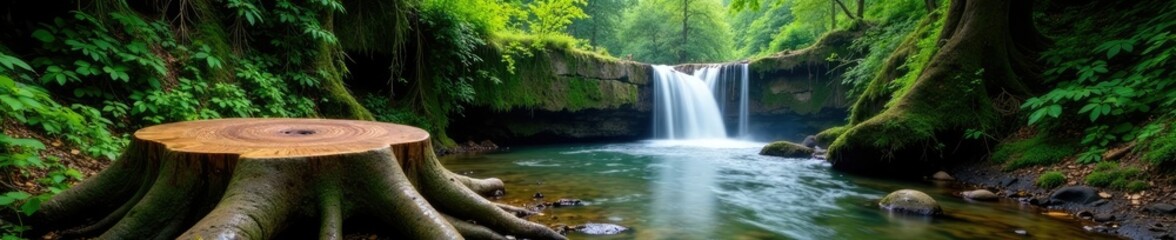 Obraz premium Ancient tree stumps near cascading waterfalls in forest', trees, tree