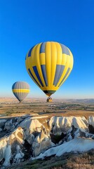 Obraz premium Yellow and Blue Hot Air Balloons Ascending Over a Rocky Landscape