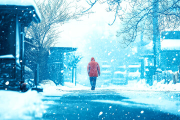 Person in Red Coat Walking on Snowy Street