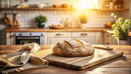 Golden sunlight illuminates a freshly baked loaf of bread on a rustic wooden cutting board, situated on a kitchen table, with a cozy, homey kitchen in the background.