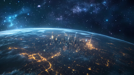 Obraz premium Urban lights under the galactic sky of planet earth. Starlit Glass Cities. Illustration