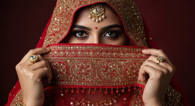 Mysterious Gaze: A Bride Unveiled in Red