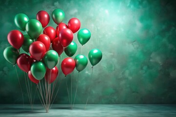 A cluster of festive red and green balloons against a textured backdrop