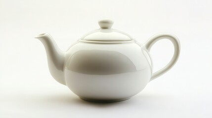 A simple, elegant white teapot sits on a clean white background. The smooth, curved lines and glossy finish create a minimalist aesthetic.