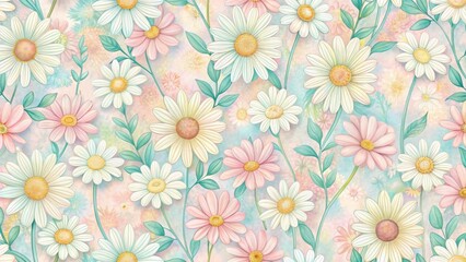Fototapeta premium Pastel Daisies in a Soft Floral Arrangement A Delicate Watercolor Style Botanical Illustration Featuring an Abundance of Blooming Flowers