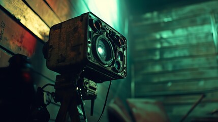 Film Projector on Wooden Background - Cinematic Projector with Dramatic Lighting
