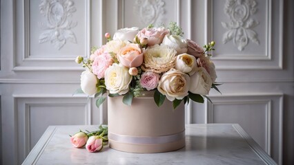 Elegant pastel flower arrangement in a hatbox on a marble table against a white paneled background.