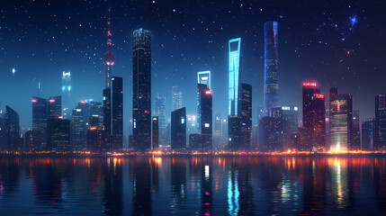 Fototapeta premium A futuristic cityscape with tall skyscrapers lit up at night, reflected in the water. Starlit Glass Cities. Illustration
