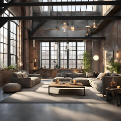 Living room interior in loft, industrial style, 3d render