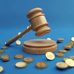 judge's gavel and coins, money, isolated on blue background