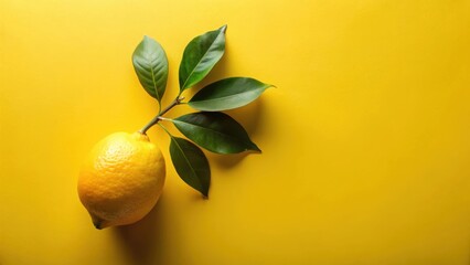 A single ripe lemon with vibrant green leaves attached to a stem, set against a bright yellow background; a refreshing image suggesting summertime.