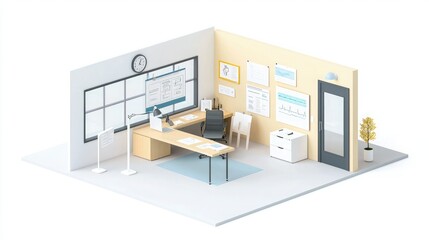 A modern office space featuring a desk, chair, wall clock, and various decorations, creating a productive work environment.