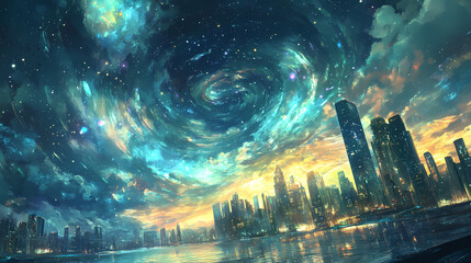 Celestial cityscape, a vibrant metropolis suspended in a starlit ocean, beneath a sky alive with dynamic hues and swirling patterns. Starlit Glass Cities. Illustration