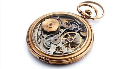 A detailed close-up reveals the intricate inner workings of an antique pocket watch.  The gold casing contrasts beautifully with the silver gears and meticulous craftsmanship.