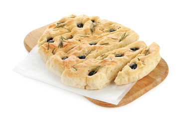 Slices of delicious focaccia bread with olives and rosemary isolated on white