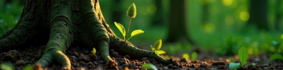 Horsetail stem emerges from earth beside gnarled tree trunk, wooden, ancient trees, roots