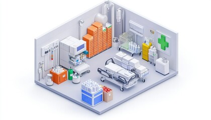 Obraz premium A modern hospital room filled with medical equipment, including beds, monitors, supplies, and storage, designed for patient care and treatment.
