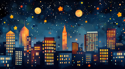 Cityscape at night with vibrant starry sky and luminescent buildings. Starlit Glass Cities. Illustration