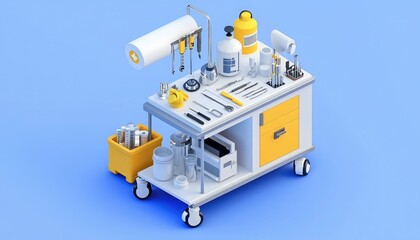 A colorful medical cart equipped with various tools, containers, and supplies, set against a light blue background.