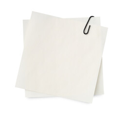 Blank paper note attached with clip isolated on white, top view