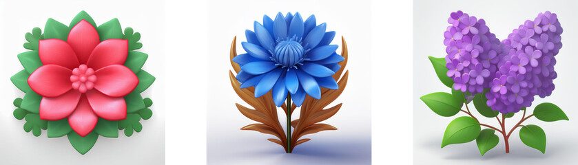Obraz premium Three flower illustrations: a red bloom with green leaves, a blue flower with brown stem, and a purple sprig with green leaves. Decorative floral elements.