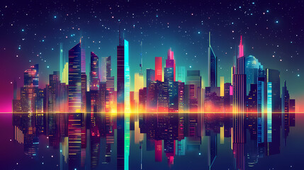 Futuristic cityscape macro: neon reflections in starlit night. Starlit Glass Cities. Illustration