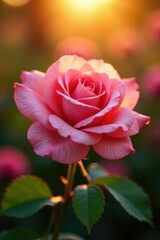 Pink rose blooms in a warm, golden light with delicate petals, soft pink, blooming flower, nature