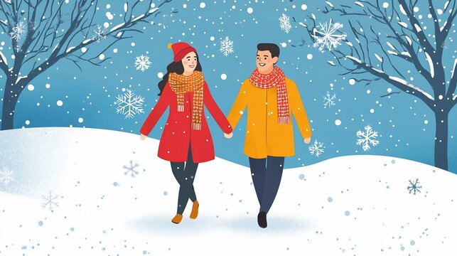 A couple walking holding hands in the snow during winter time wearing coats and scarfs