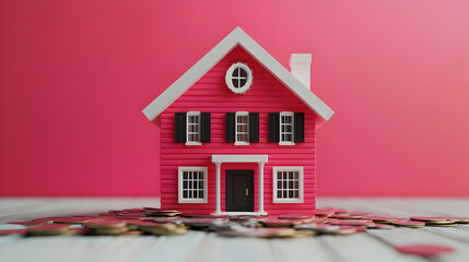 Pink house model on coins, pink background.  Home buying, investment concept