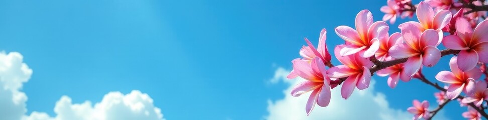 Plumeria tree against bright blue sky with white clouds, branch, blooms