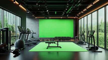 Modern Fitness Center with Green Screen Background, Ideal for Virtual Workout Videos