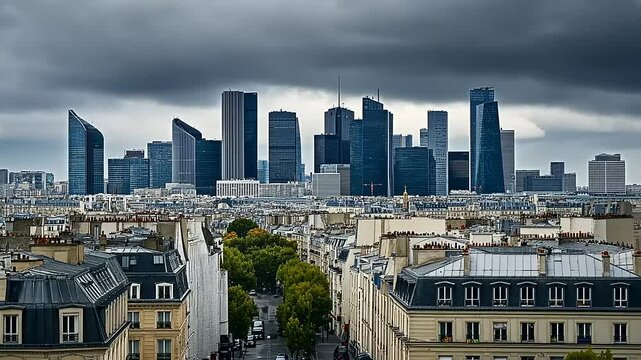 Modern skyscrapers rise above historic Paris rooftops under a dramatic cloudy sky, showcasing urban contrast
