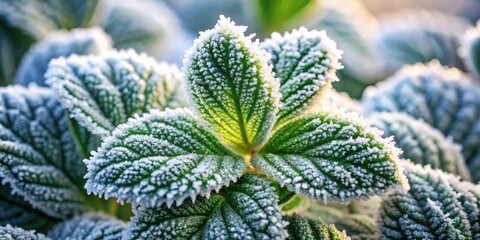 Close-up view of frost-covered foliage exhibiting intricate details and textures in the early morning light