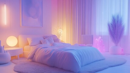 Modern bedroom interior with soft lighting and calming purple and orange hues, minimalist style