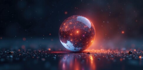 Shimmering light emanates from a lone marble orb amidst darkness, cosmic, orb, hues