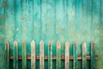 Fototapeta premium Rustic Weathered Wooden Fence Against a Teal Painted Wall Background