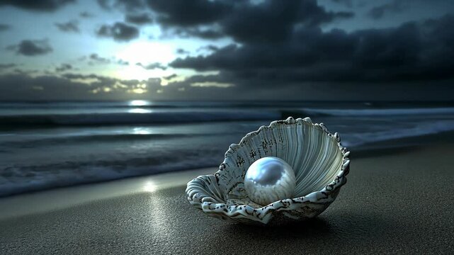 Pearl resting in seashell on a tranquil beach at dusk, with waves gently lapping shore and dramatic clouds in the background