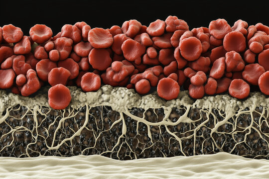 Illustration of platelets in motion, scattering and clumping together in response to an injury 