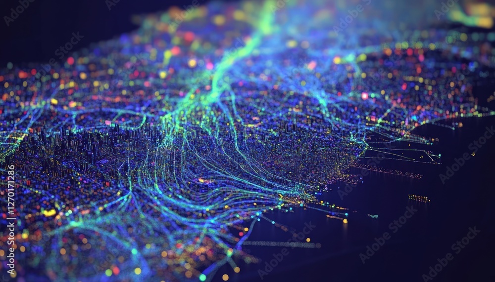 Poster sophisticated smart city visualization featuring interconnected data points in blue green yellow and