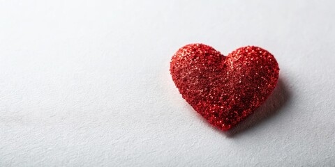Fototapeta premium A sparkling red heart rests on a textured white surface, a symbol of affection and romantic love.