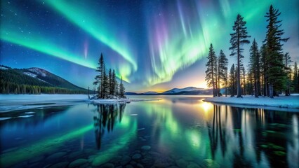 Serene Winter Lake Reflecting Vibrant Aurora Borealis Display Over Snowy Shoreline with Dark Evergreen Trees
