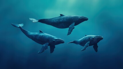 Fototapeta premium ocean conservation marine regeneration concept. Three majestic whales swimming gracefully underwater, showcasing the beauty of marine life in serene blue waters.
