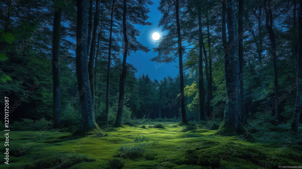 Poster peaceful moonlit glade surrounded by towering trees, creating serene atmosphere. soft glow of moon i