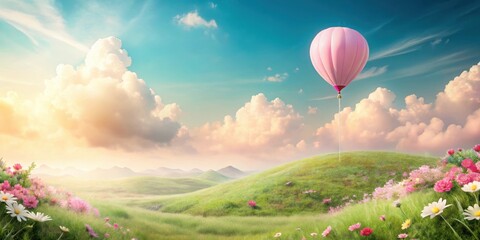 Obraz premium Serene Pink Hot Air Balloon Ascending Over Lush Rolling Hills and Vibrant Flower Meadows Under a Dreamlike Sky