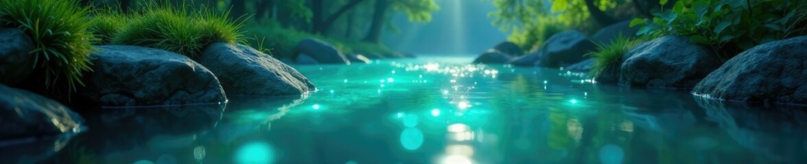 Softly glowing turquoise glitter lights adorn a peaceful morning landscape, water features, evening-like light, tranquil